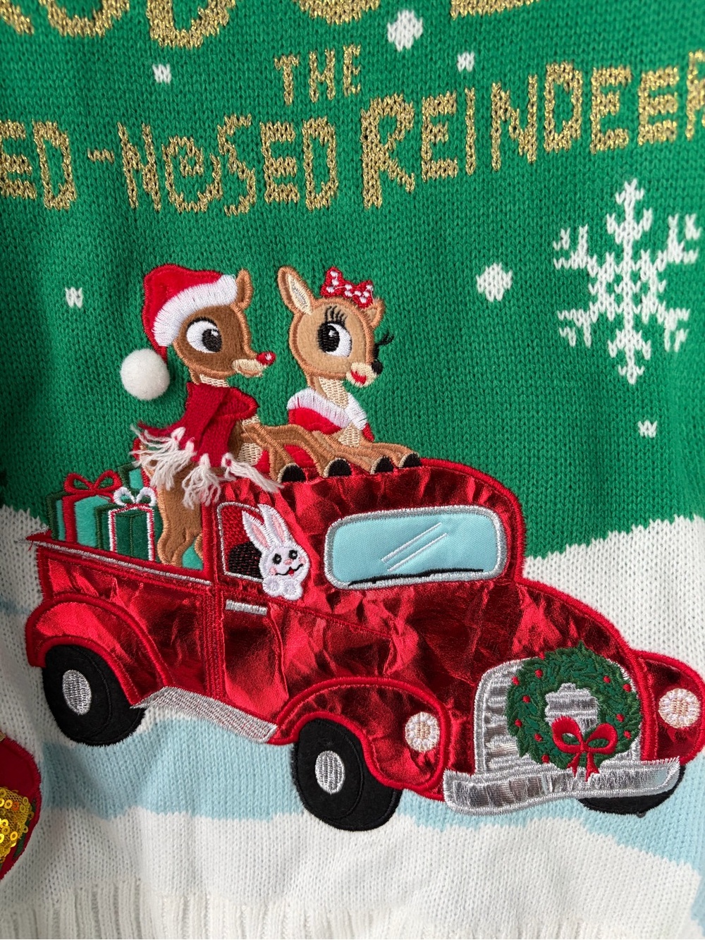 Holiday Green Sweater with Red Truck Reindeer Design